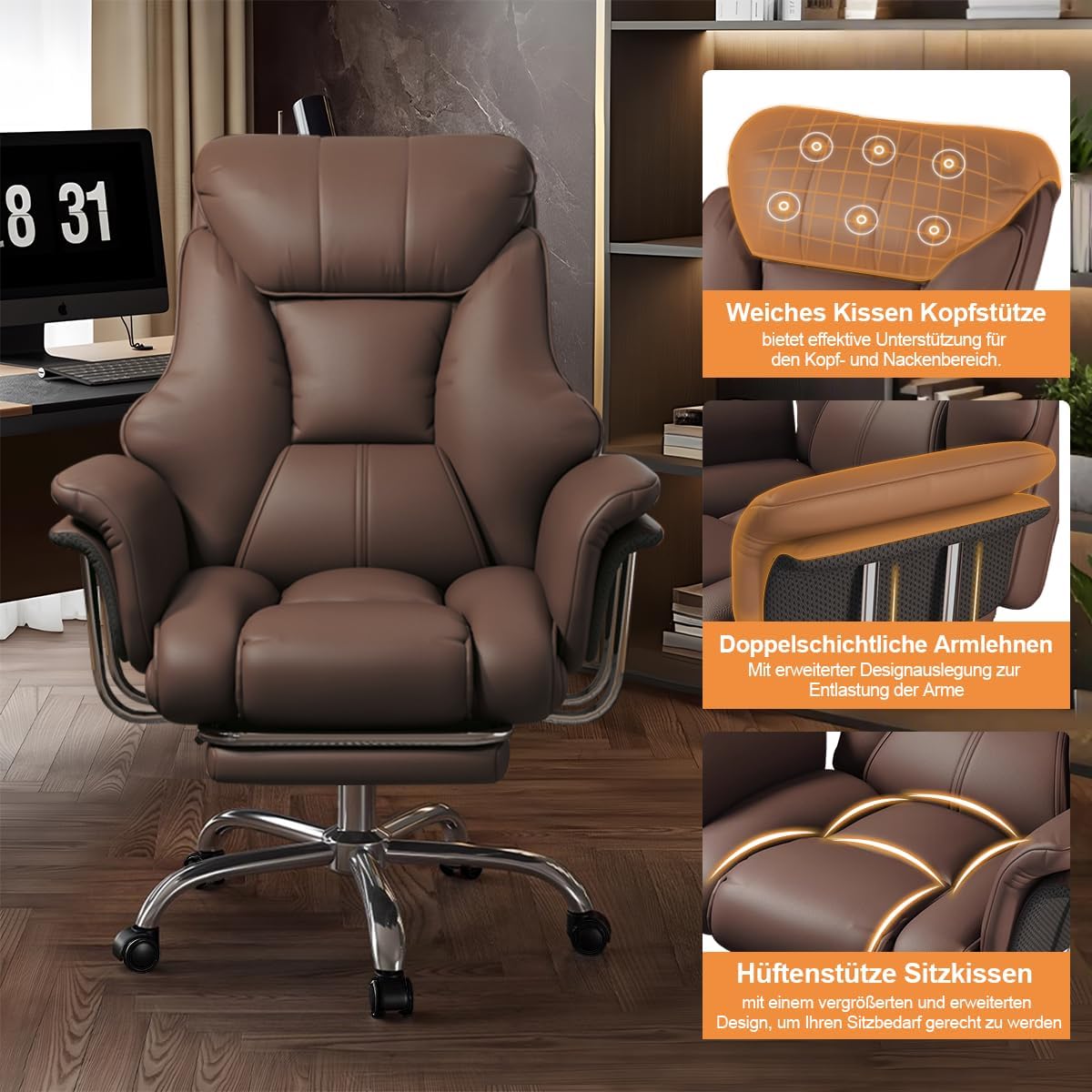 Silla de oficina con reposapiés y soporte lumbar – Silla gaming ergonómica con reposacabezas ajustable en altura y respaldo reclinable, silla giratoria de piel sintética con respaldo alto para oficina en casa (marrón)