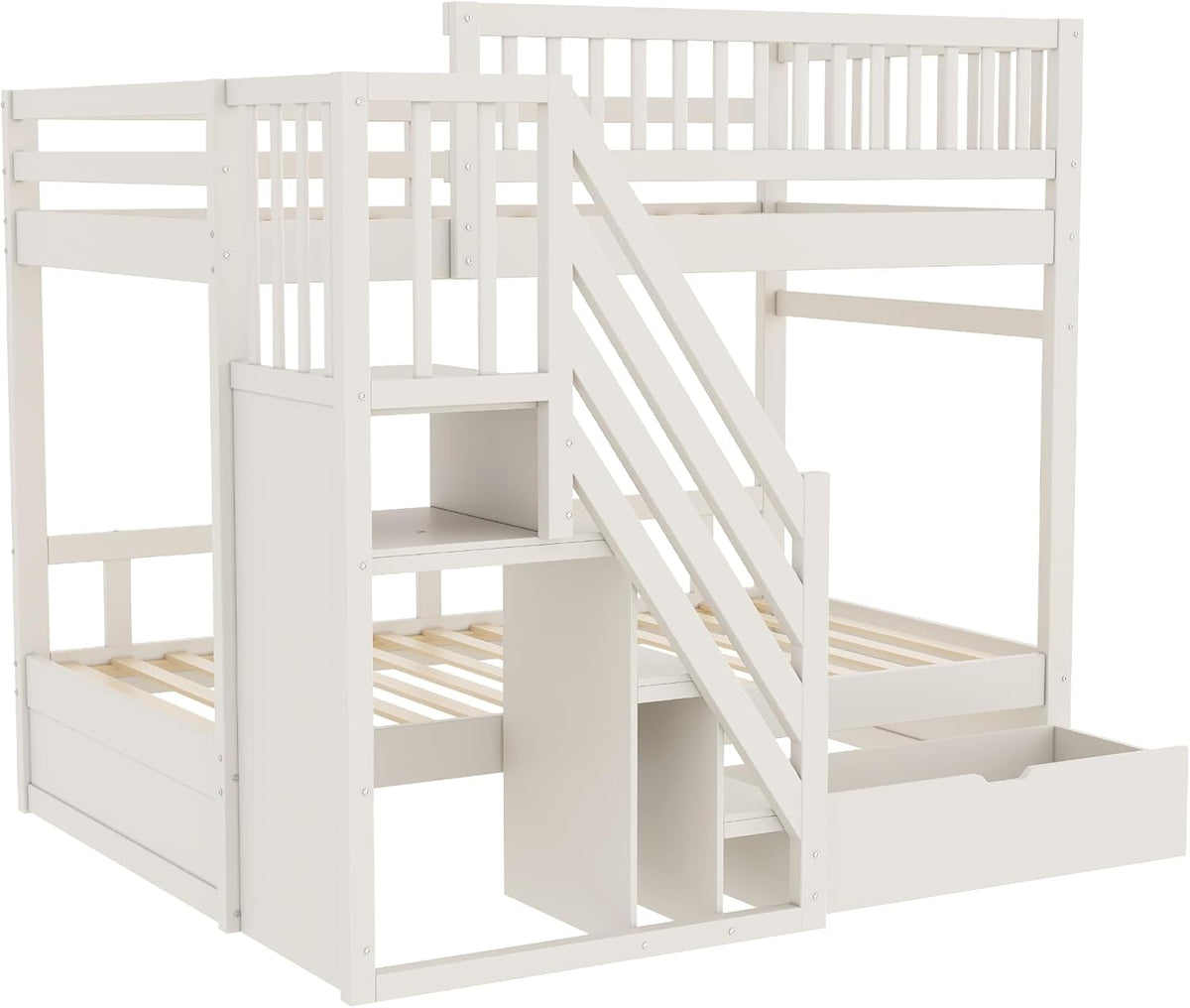 Cama infantil tipo litera 90x200 para 2 niños, cama alta con escalera, armario de almacenamiento y cajón, litera funcional de madera maciza para jóvenes con 2 somieres y protección anticaídas, sin colchón, blanca