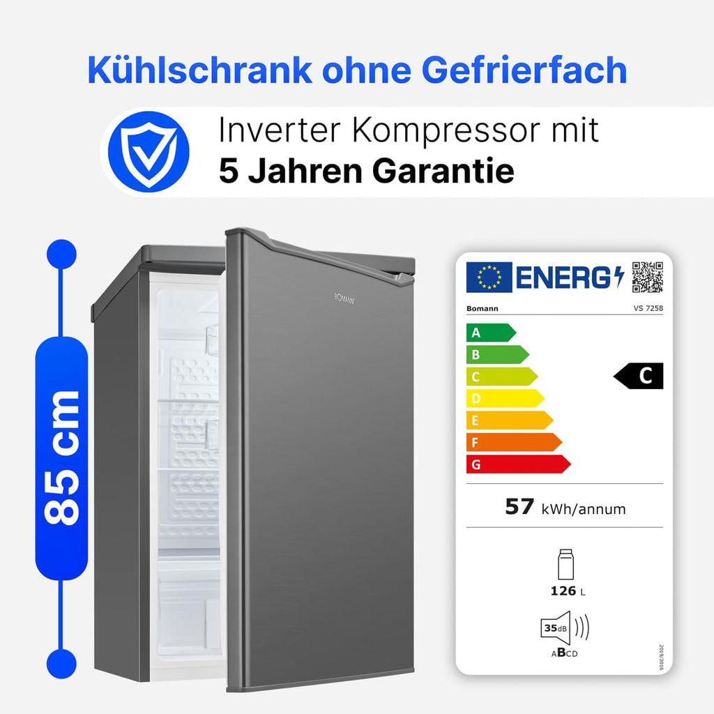 Frigorífico Bomann® sin congelador | Clase energética C | 85 cm | 5 años de garantía en el compresor | Frigorífico pequeño | 0-8°C | silencioso 35 dB | 3 estantes | Frigorífico estándar 126 L | VS 7258 inox