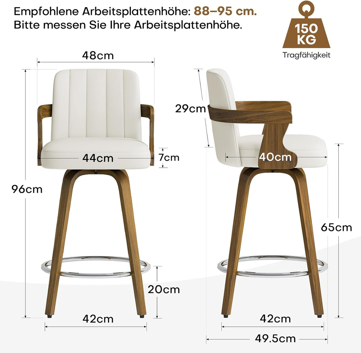 Juego de 2 taburetes de bar giratorios 360° con reposabrazos, altura del asiento de 65 cm, acolchados (7 cm) de piel sintética, silla de bar con patas de madera y reposapiés, taburete de cocina para isla, mostrador y comedor, blanco