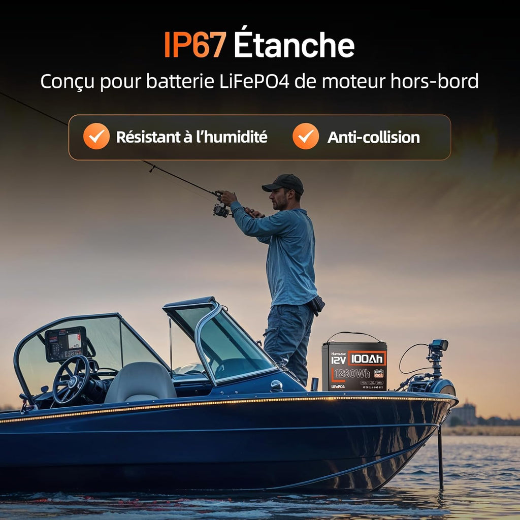 Batería de litio LiFePO4 HumsiENK 12V 100Ah, 1280Wh con BMS inteligente de 100A, 15000 ciclos profundos, 10 años de vida útil, para autocaravanas, energía solar, sistemas aislados y motores.