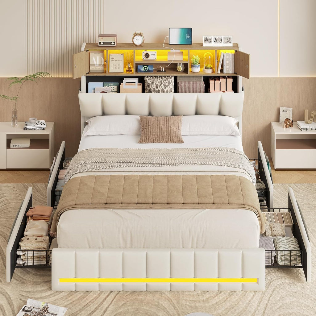 Cama KIMENICH 140x200 cm, estructura de cama doble, cama con iluminación LED, cama tapizada, 4 cajones, estación de carga, marco de metal y cabecero de madera con almacenamiento, para dormitorio, habitación de invitados, blanco + natural