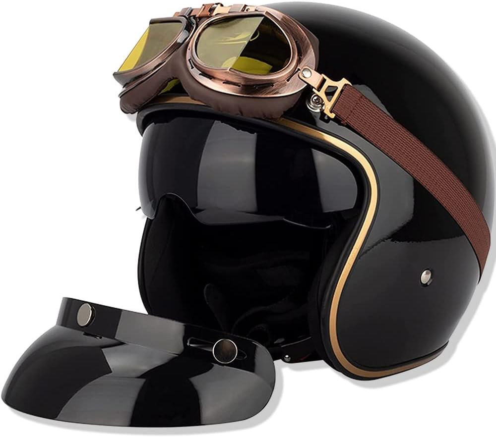 Casco de moto tipo jet vintage con gafas parasol - 3/4 cara abierta con certificación ECE para hombres y mujeres - Retro piloto chopper cruiser biker, M