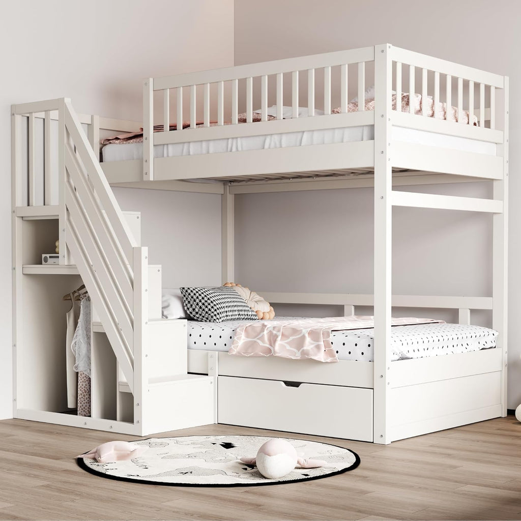 Cama infantil tipo litera 90x200 para 2 niños, cama alta con escalera, armario de almacenamiento y cajón, litera funcional de madera maciza para jóvenes con 2 somieres y protección anticaídas, sin colchón, blanca
