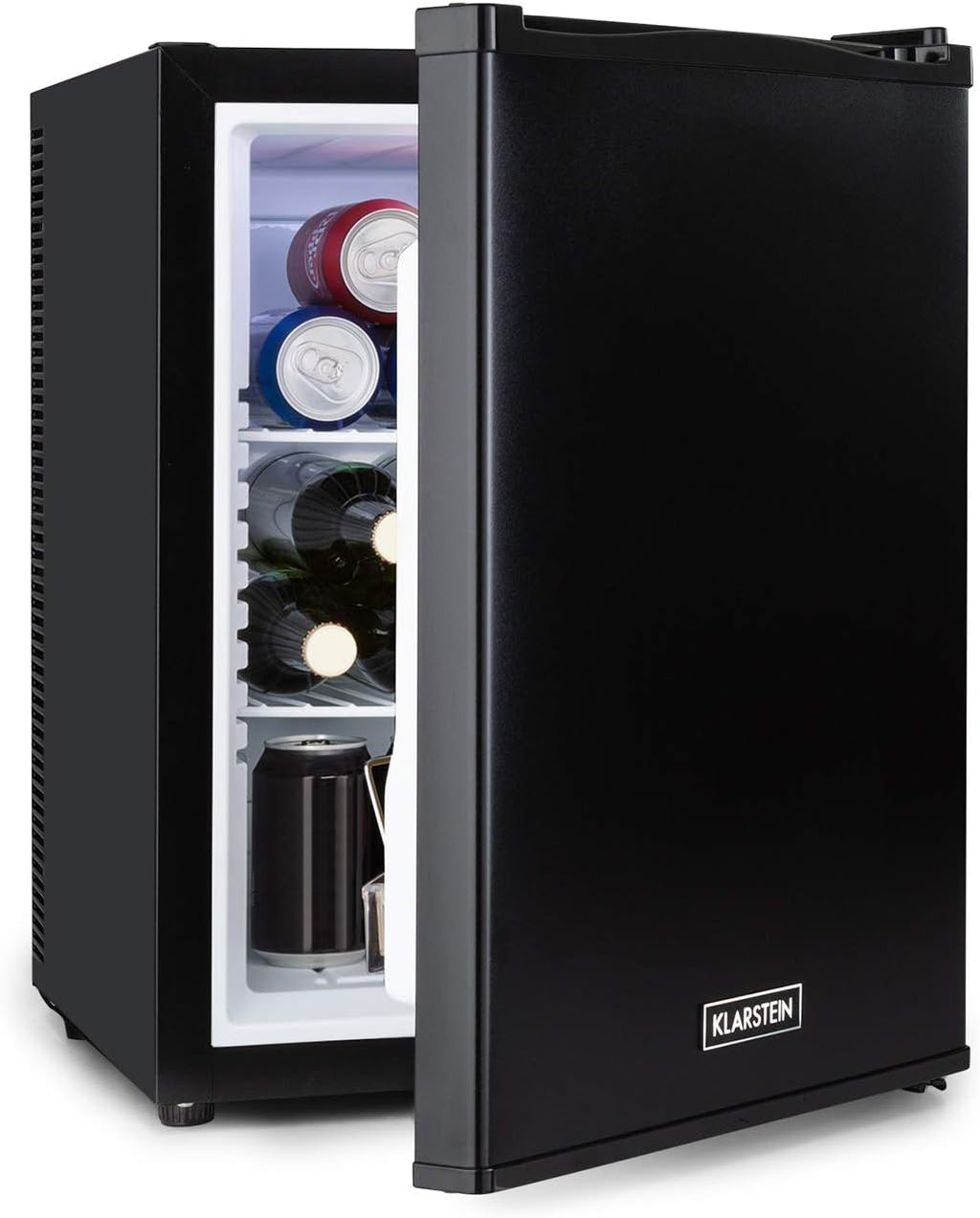 KLARSTEIN Happy Hour Mini nevera silenciosa para habitación/cosméticos, ultracompacta, minibar, refrigerador para alimentos, bebidas, estantes ajustables, mini nevera para camping, coche, 5-15°C, 40L