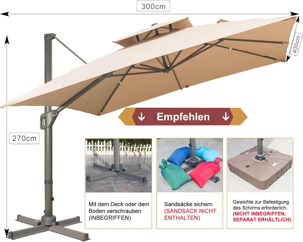 LKINBO Sombrilla rectangular de 300 x 400 cm con soporte y manivela, sombrilla de jardín grande tipo voladizo, giratoria 360°, resistente al viento, impermeable, para patio, terraza y exteriores, caqui