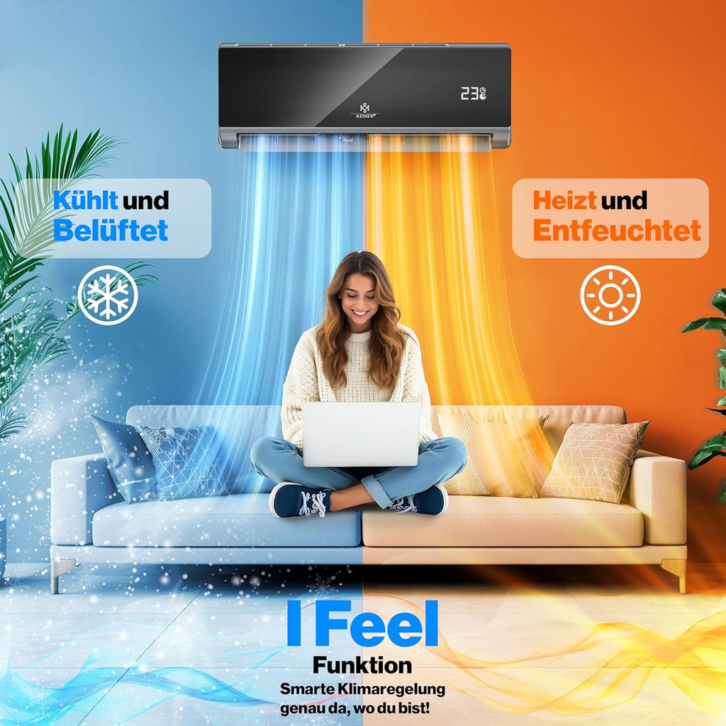 KESSER® Set de aire acondicionado Split - con función WiFi/App - Refrigeración A++/ Calefacción A+ - 9000 BTU/h (2600 vatios) Refrigerante R32 - Mando a distancia, función de temporizador - Incluye material de montaje completo