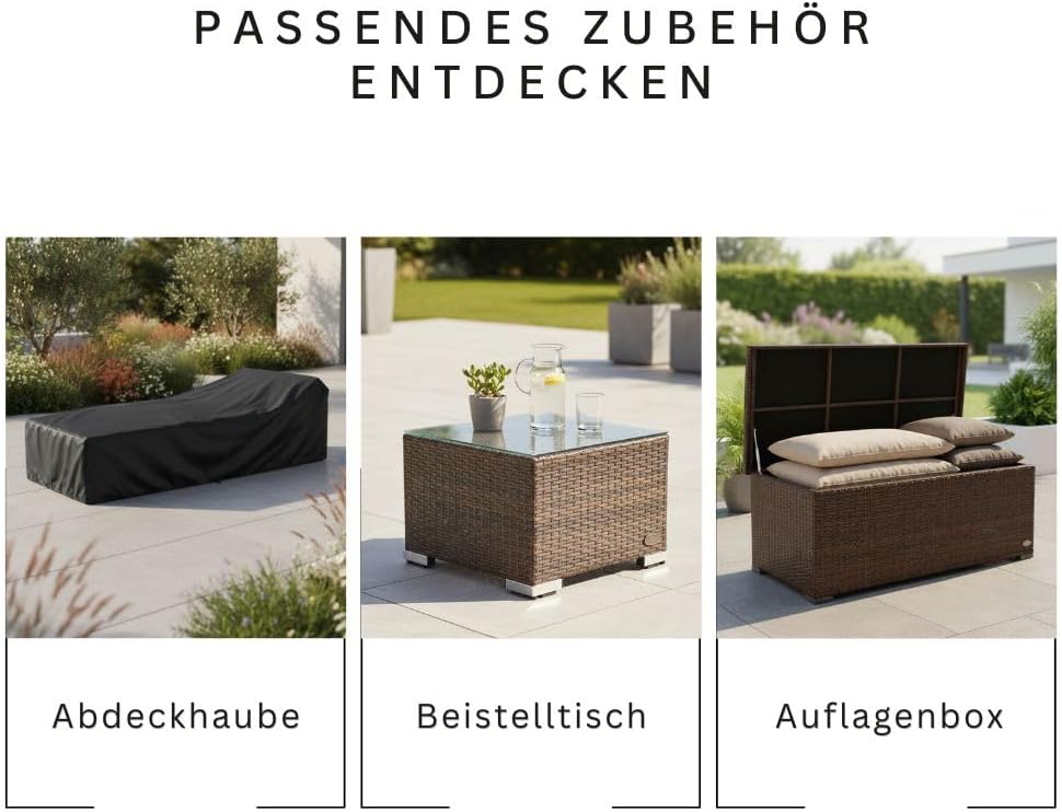 Tumbona de jardín RS Trade resistente a la intemperie de ratán, extra alta y extra ancha, también para personas mayores – XXL hasta 200 kg – con ruedas, tumbona de exterior con respaldo ajustable, marrón con cojín gris