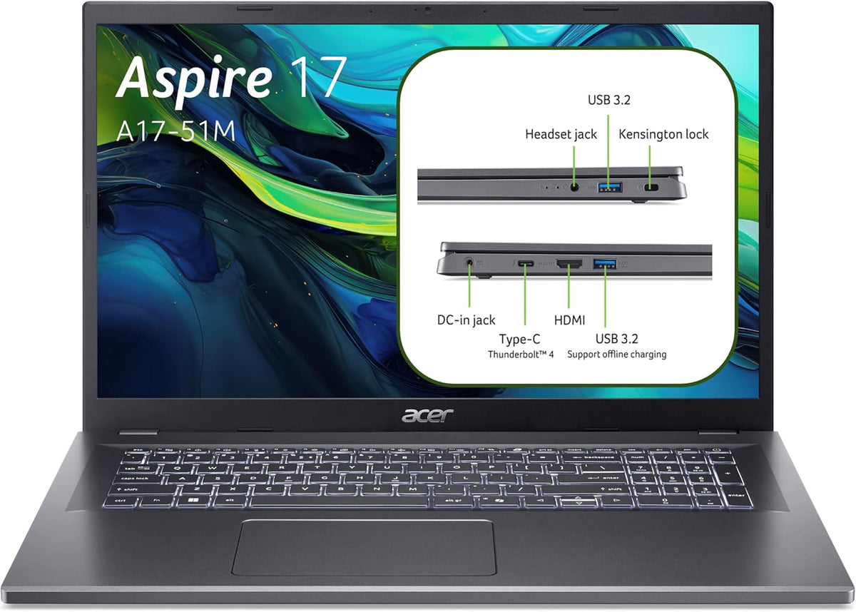 acer Aspire 17 A17-51M-51CV, Portátil 17,3" Full HD IPS 60 Hz (Intel Core i5-1334U, 16 GB RAM, 512 GB SSD, Intel XE Graphics, Windows 11 Home), Gris, Teclado francés AZERTY