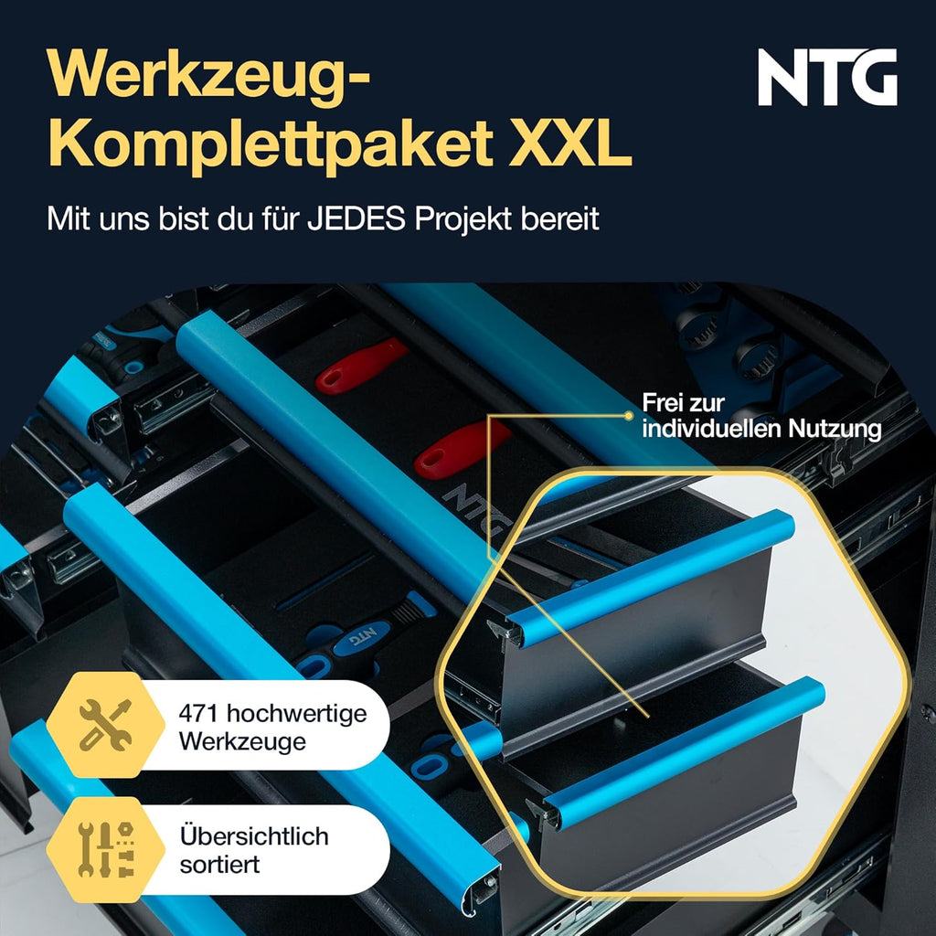 Carro de herramientas XXL NTG – equipado con 471 piezas – 12 cajones con encimera de madera, bloqueable, móvil sobre ruedas – Carro de taller profesional de metal para garaje y taller