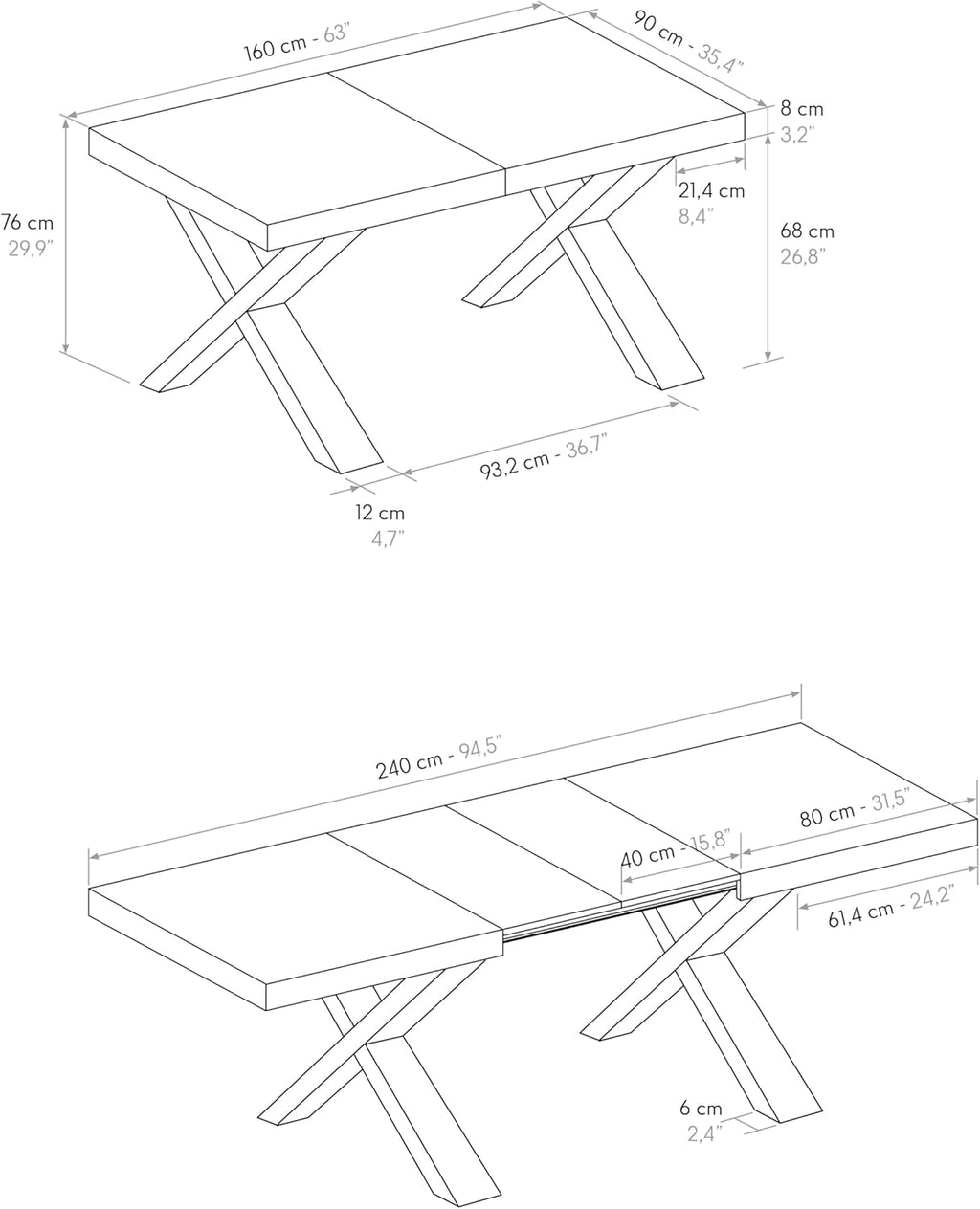 Mesa extensible PAZZO DESIGN Elisa, mesa para salón o cocina, patas en cruz X negras, fabricada en Italia, roble rústico, 160x90x76 cm - id_1997