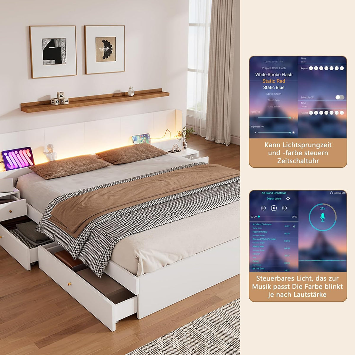 Cama de matrimonio 180x200 con espacio de almacenamiento, 2 cajones, cabecero LED extra ancho con 2 mesitas de noche y puerto USB, cama de madera con almacenaje, estructura de cama con somier, cama juvenil, sin colchón, blanco