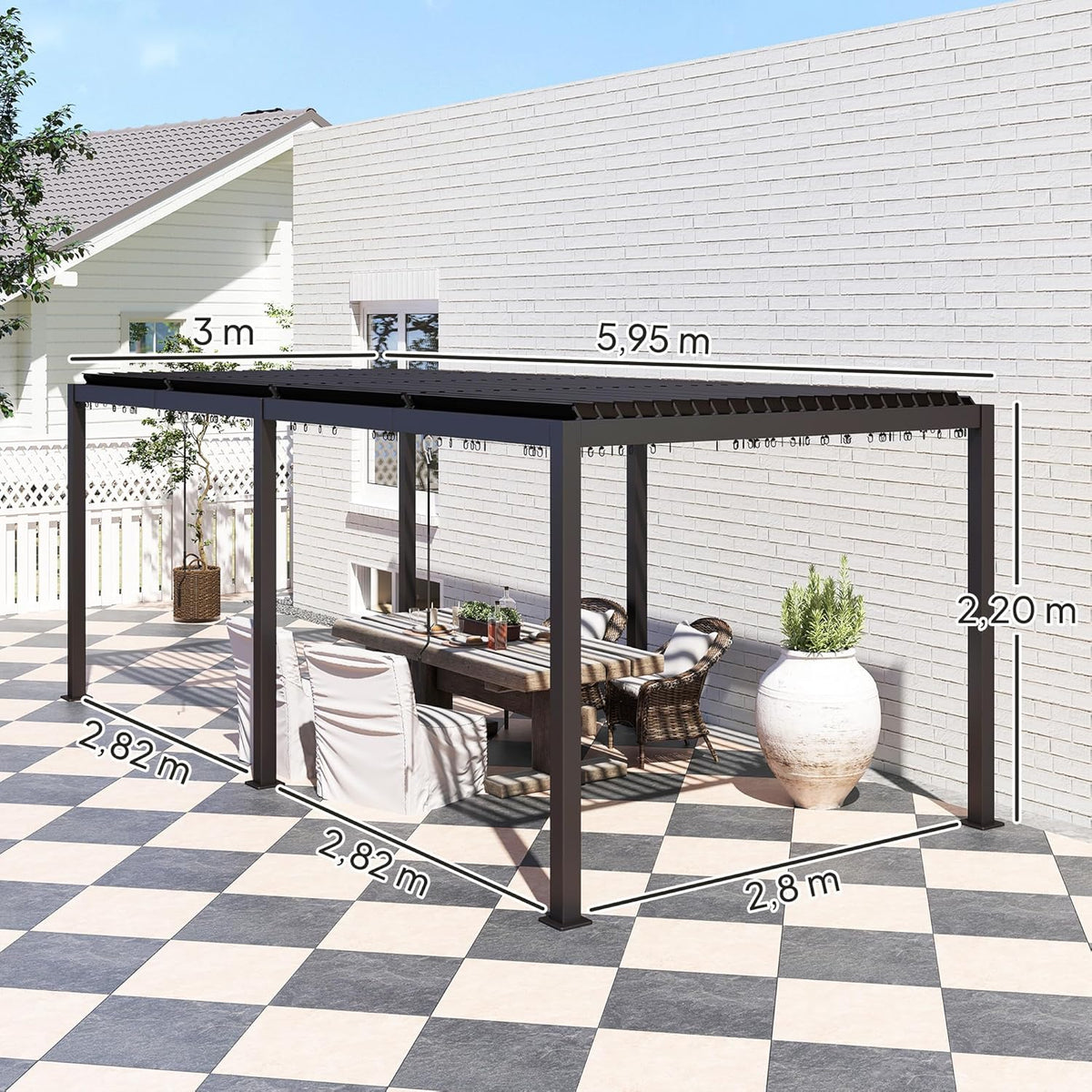 Pérgola bioclimática Outsunny 3 x 6 m, pérgola de jardín exterior con lamas orientables, techo ajustable con manivela de aluminio y ganchos, cenador de jardín, terraza, patio, gris oscuro