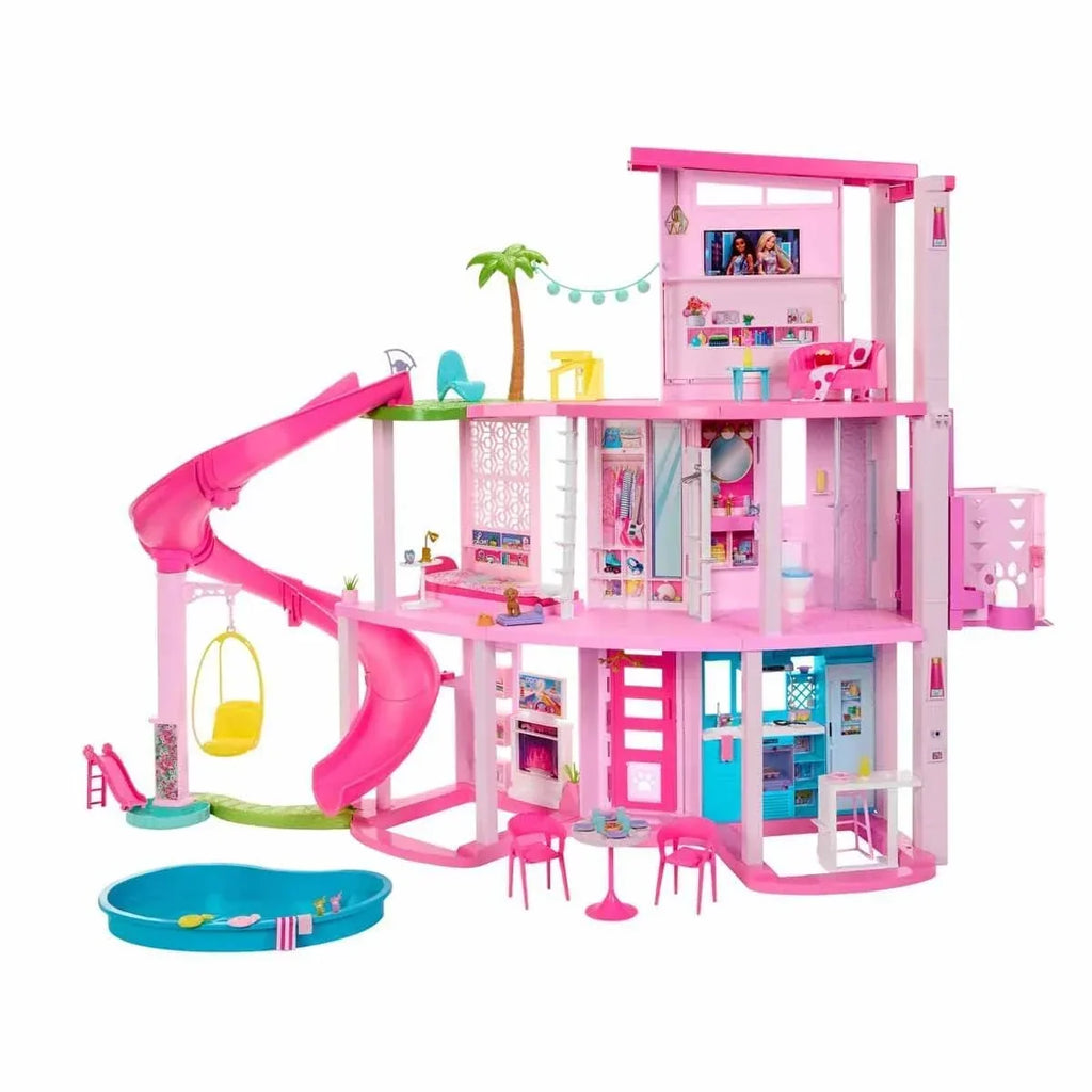 Casa de muñecas Mansión de ensueño HMX10, 3 plantas, 10 áreas de juego, piscina, tobogán, ascensor, 79 piezas con cachorro de juguete