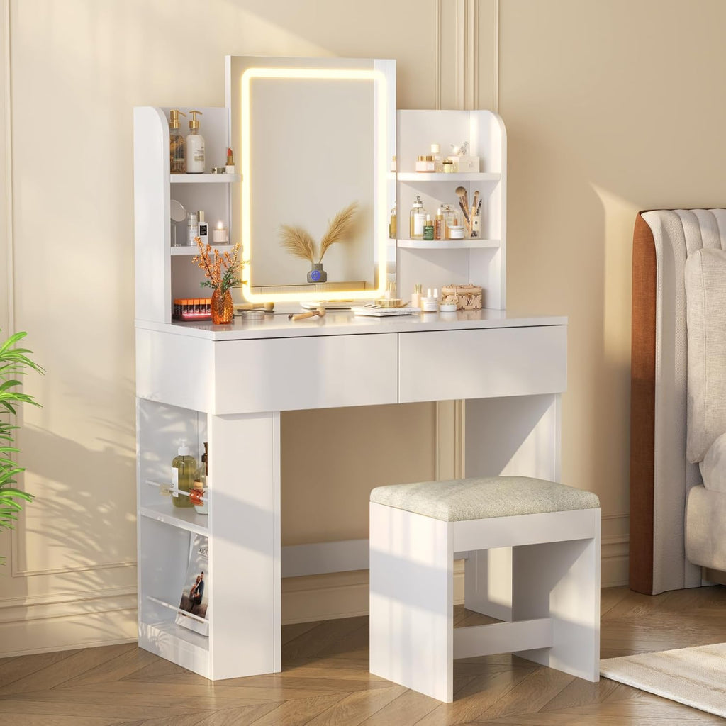 Tocador Devoko con espejo, mesa de maquillaje con espejo LED de brillo ajustable, tocador con taburete, 2 cajones, 4 estantes, moderno, 90 x 40 cm, blanco