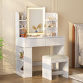 Tocador Devoko con espejo, mesa de maquillaje con espejo LED de brillo ajustable, tocador con taburete, 2 cajones, 4 estantes, moderno, 90 x 40 cm, blanco