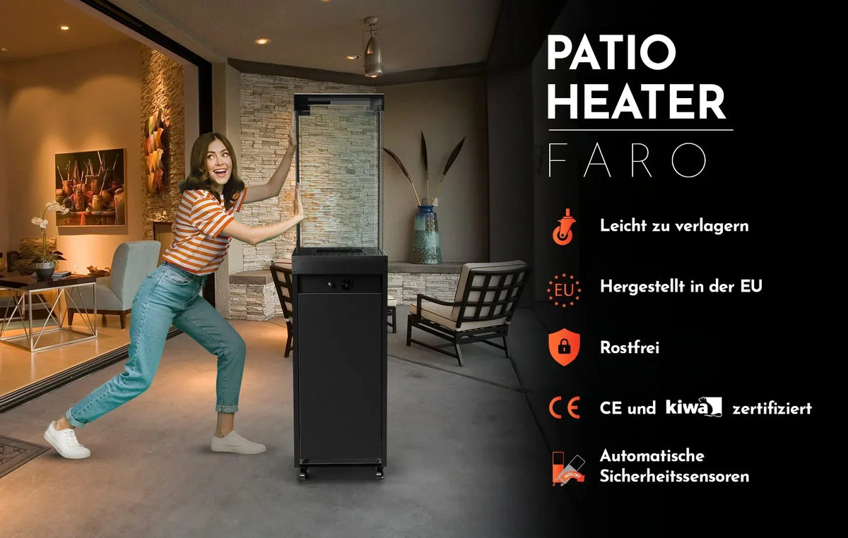 Calefactor de terraza Planika Faro, propano, negro, 8 kW, portátil, de pie, con funda para exteriores, 36x36x150 cm