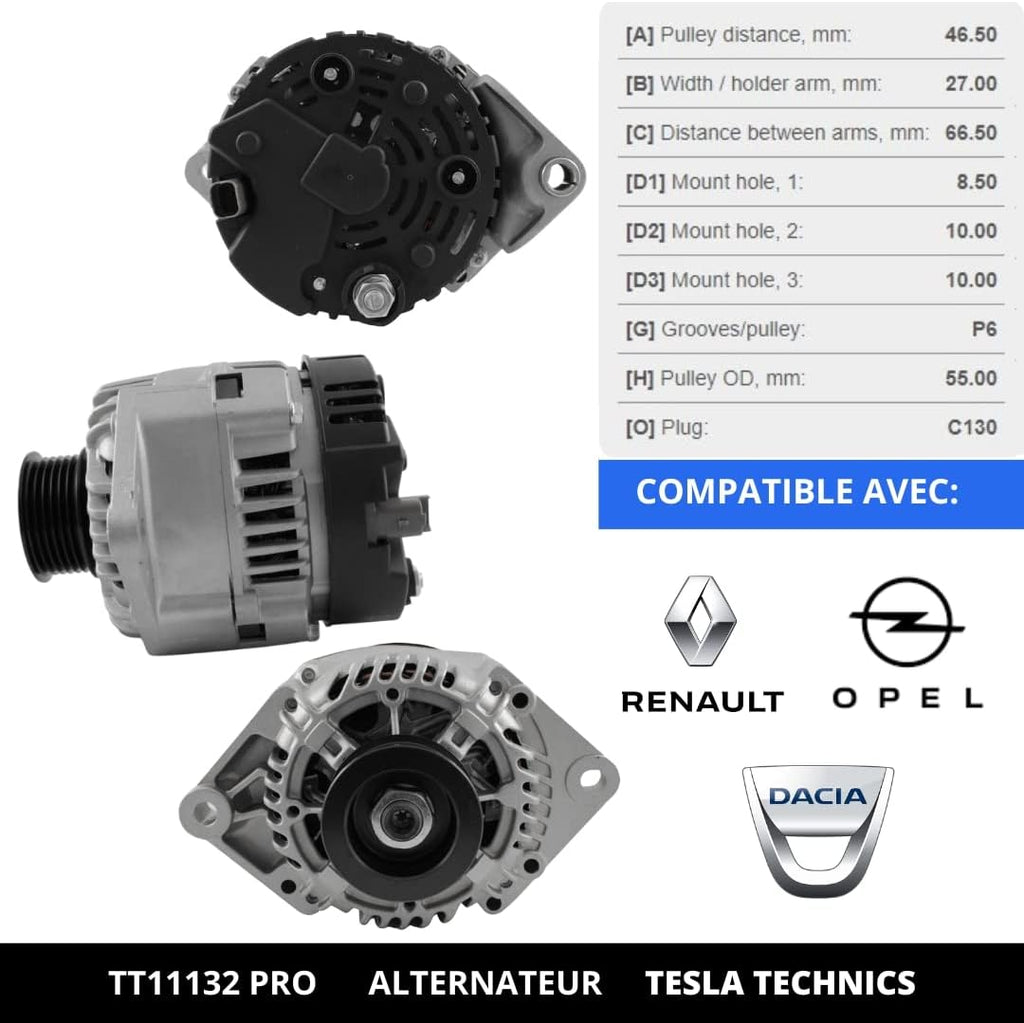 Alternador de coche TESLA TECHNICS TT11132 PRO 12V, 75A. Compatible con RENAULT, DACIA. Excelente relación calidad-precio. Instalación fácil y garantía.