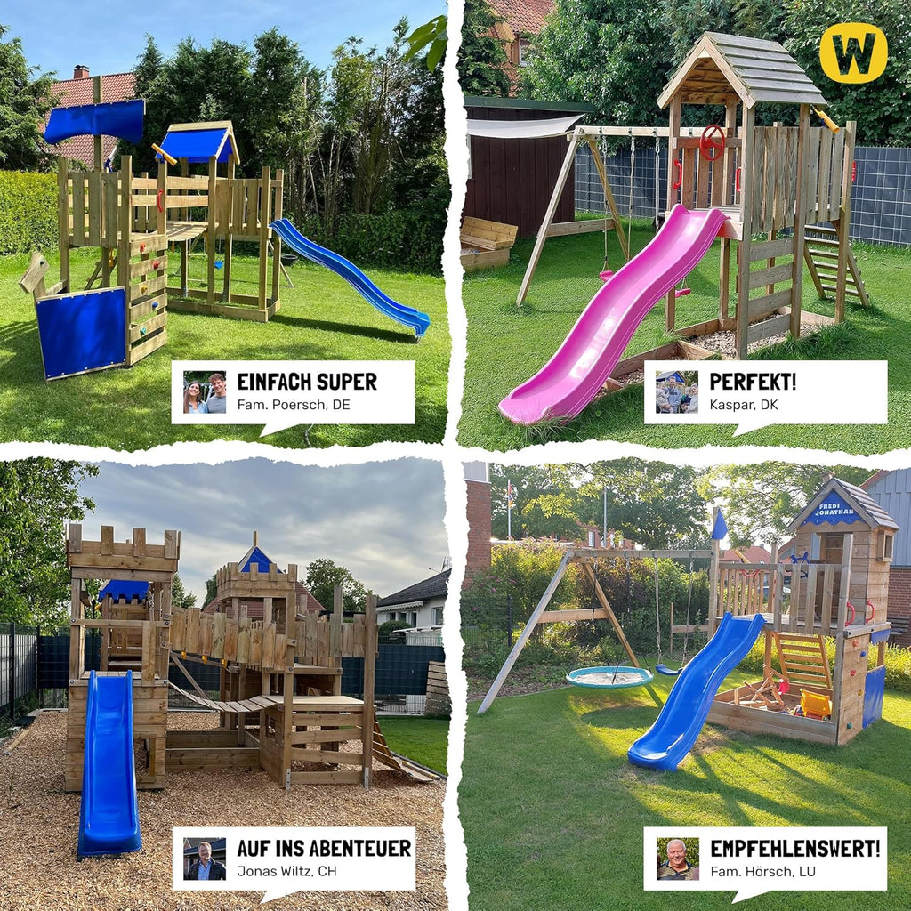 Torre de juegos con columpio y tobogán azul SeaFlyer de WICKEY, torre de escalada para niños al aire libre con arenero, escalera y accesorios de juego para el jardín