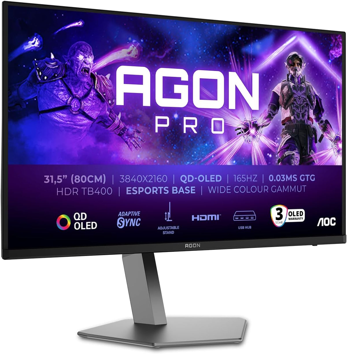 AOC Agon Pro AG326UDAM - Monitor de juegos OLED UHD de 32 pulgadas, 165 Hz, 0,03 ms, HDR400, FreeSync Prem. Pro, compatible con G-Sync. (3840x2160, 2X HDMI 2.1, 1x DP 1.4, concentrador USB) Negro Gris