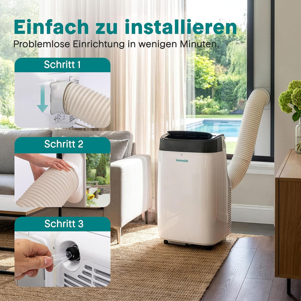 Aire acondicionado portátil SereneLife de 4 kW y 9000 BTU – Unidad de aire acondicionado silenciosa de 52 dB para dormitorios de hasta 20 m², enfriamiento agradable en días calurosos, con deshumidificador, ventilador y control remoto