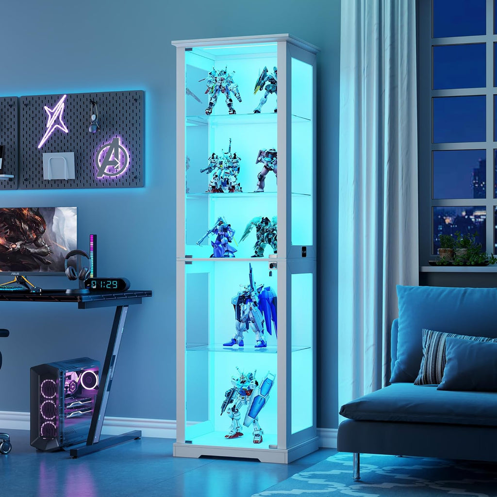 Vitrina de cristal Lvifur con iluminación LED y puertas de cristal para salón y dormitorio, 40×50×180 cm, armario vitrina de 5 niveles con sensor inteligente para objetos de colección, vino, blanco