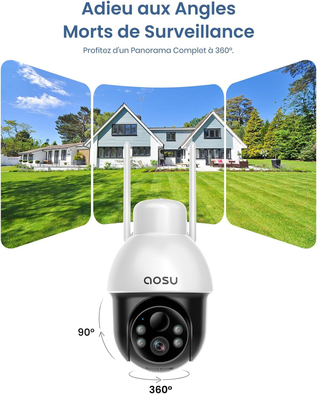 Cámara de vigilancia exterior aosu con panel solar, PTZ, seguimiento automático de personas, visión nocturna 2K, alarma sonora y luminosa, audio bidireccional, compatible con Alexa/Google