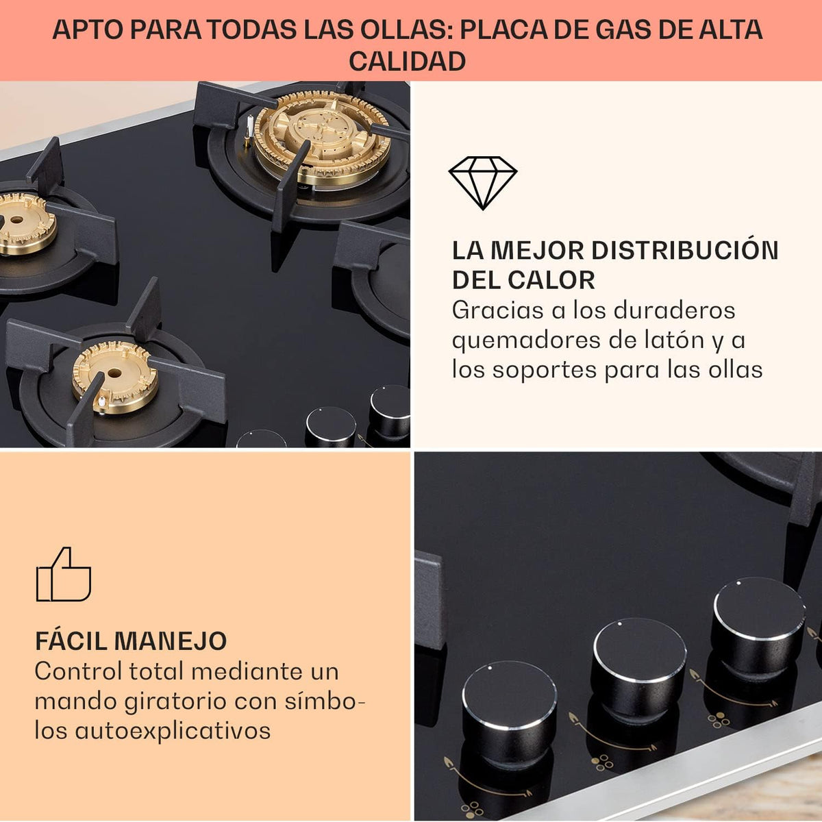 Klarstein Cocina de Gas Butano, Placa de Gas 4 Fuegos 8000W, Placa de Gas Integrada para Cocina, Placa de Gas Butano de Diseño, Encimera de Gas con Base de Vidrio y Acero Inoxidable