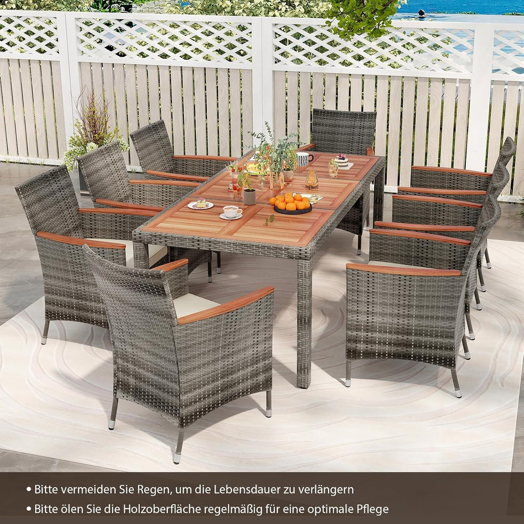 COSTWAY Juego de muebles de jardín de ratán de 9 piezas, conjunto de asientos para 8 personas, mesa de jardín con tablero de madera de acacia, 8 sillas y cojines, juego de muebles de terraza, conjunto de jardín, juego de asientos, grupo de comedor