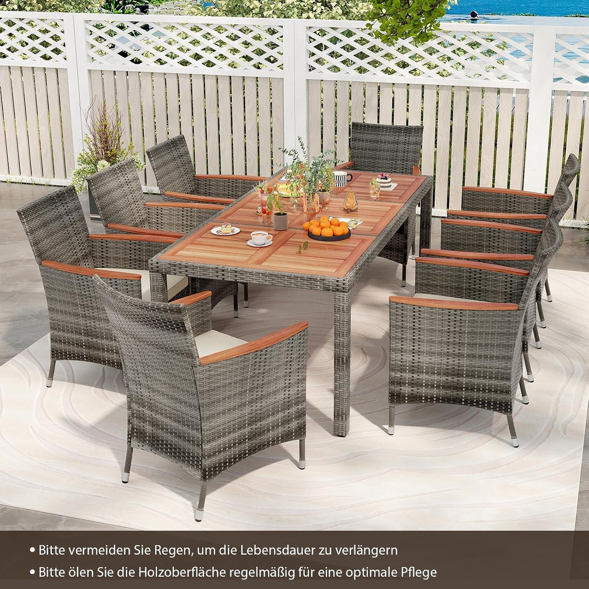 COSTWAY Juego de muebles de jardín de ratán de 9 piezas, conjunto de asientos para 8 personas, mesa de jardín con tablero de madera de acacia, 8 sillas y cojines, juego de muebles de terraza, conjunto de jardín, juego de asientos, grupo de comedor