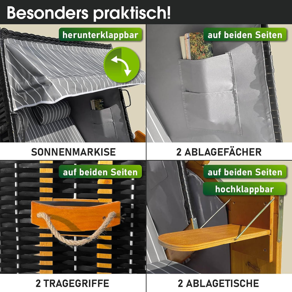 BRAST® Tumbona de playa Rügen Deluxe | para 2 personas | 120 cm de ancho | 5 diseños | incl. funda protectora resistente a la intemperie | respaldo ajustable y cojín de pies suave | Antracita/Gris - a rayas
