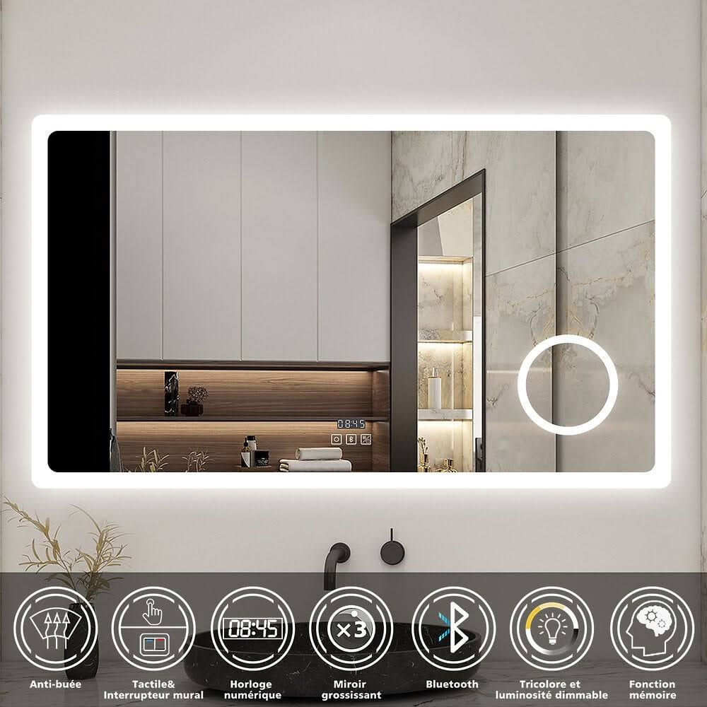 aica sanitaire Espejo de luz inteligente con reloj + lupa + Bluetooth + tres tonos de luz + antivaho