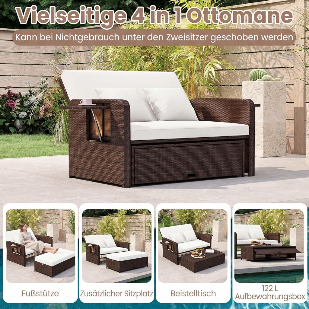 COSTWAY Tumbona de poliratán 3 en 1, tumbona de jardín con respaldo ajustable y bandejas laterales, cama lounge, tumbona doble con cojines, sofá de jardín con función de reclinado, taburete y espacio de almacenamiento (Beige)