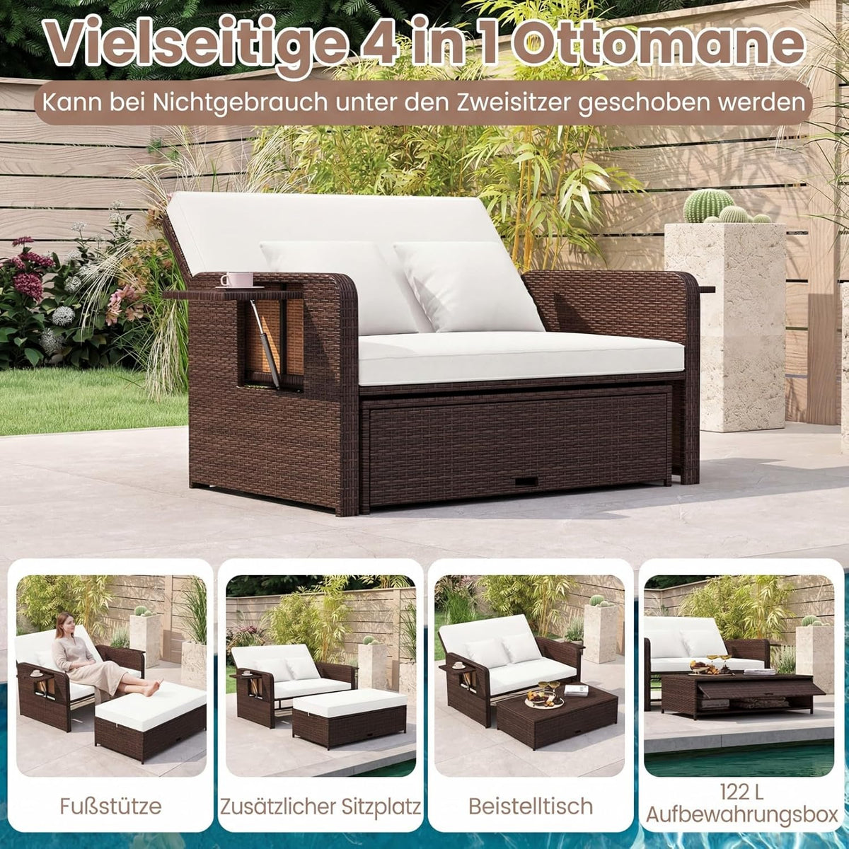 COSTWAY Tumbona de poliratán 3 en 1, tumbona de jardín con respaldo ajustable y bandejas laterales, cama lounge, tumbona doble con cojines, sofá de jardín con función de reclinado, taburete y espacio de almacenamiento (Beige)