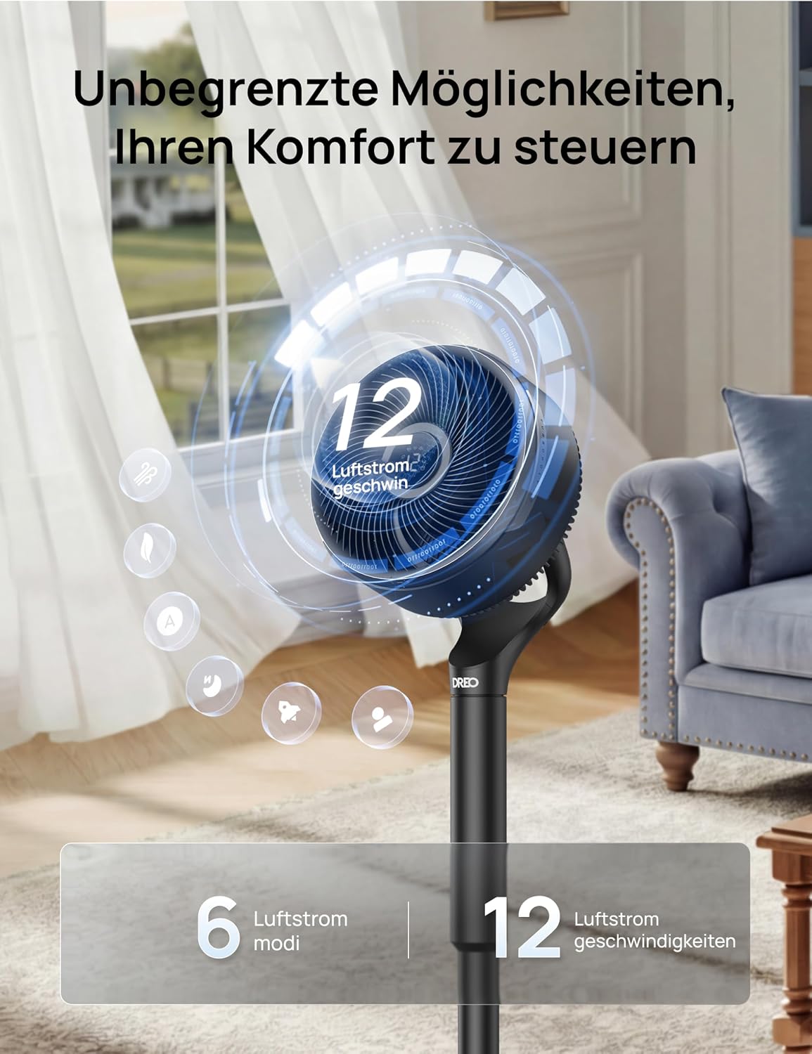 Ventilador inteligente DREO para dormitorio, ventilador de pie, oscilación omnidireccional de 150°+100°, alcance de circulación de aire de 36,6 m, motor CC silencioso, 12 velocidades, 6 modos, 20 dB, control remoto, temporizador de 12 horas.