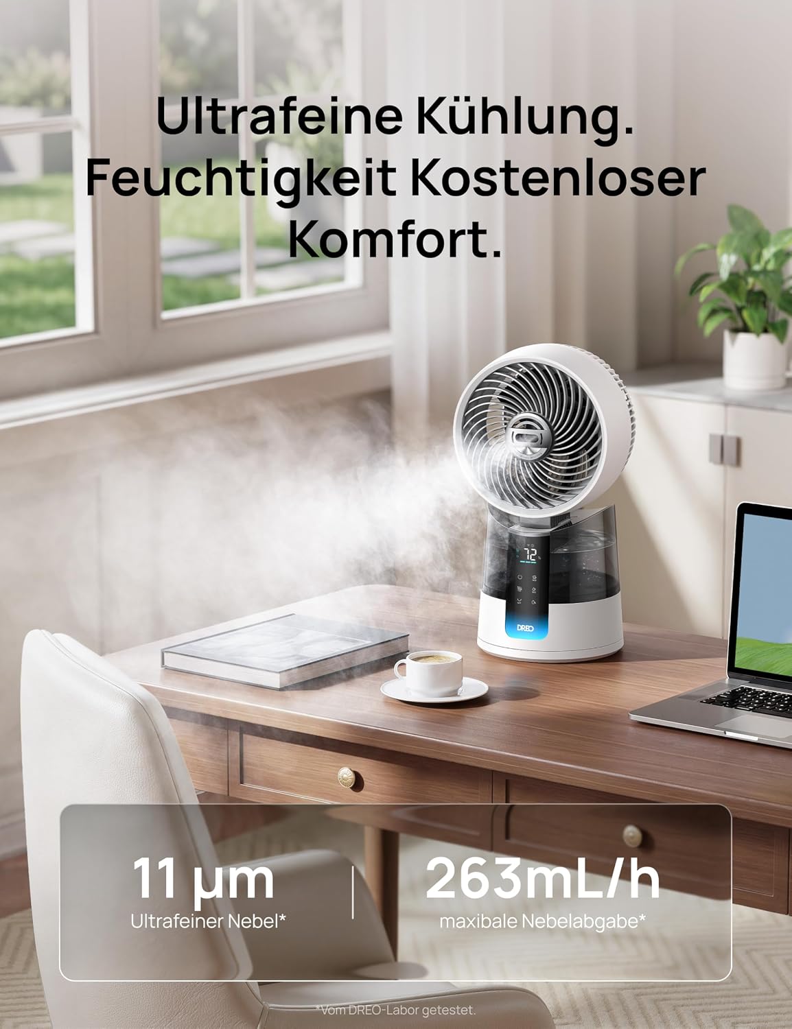 Ventilador nebulizador DREO TurboCool 516S, ventilador de mesa con oscilación de 150°+30°, enfriador evaporativo, 7.9 m/s, niebla ultrafina, 20 dB silencioso, 6 velocidades, 2 modos, control por app y mando a distancia, RGB, blanco