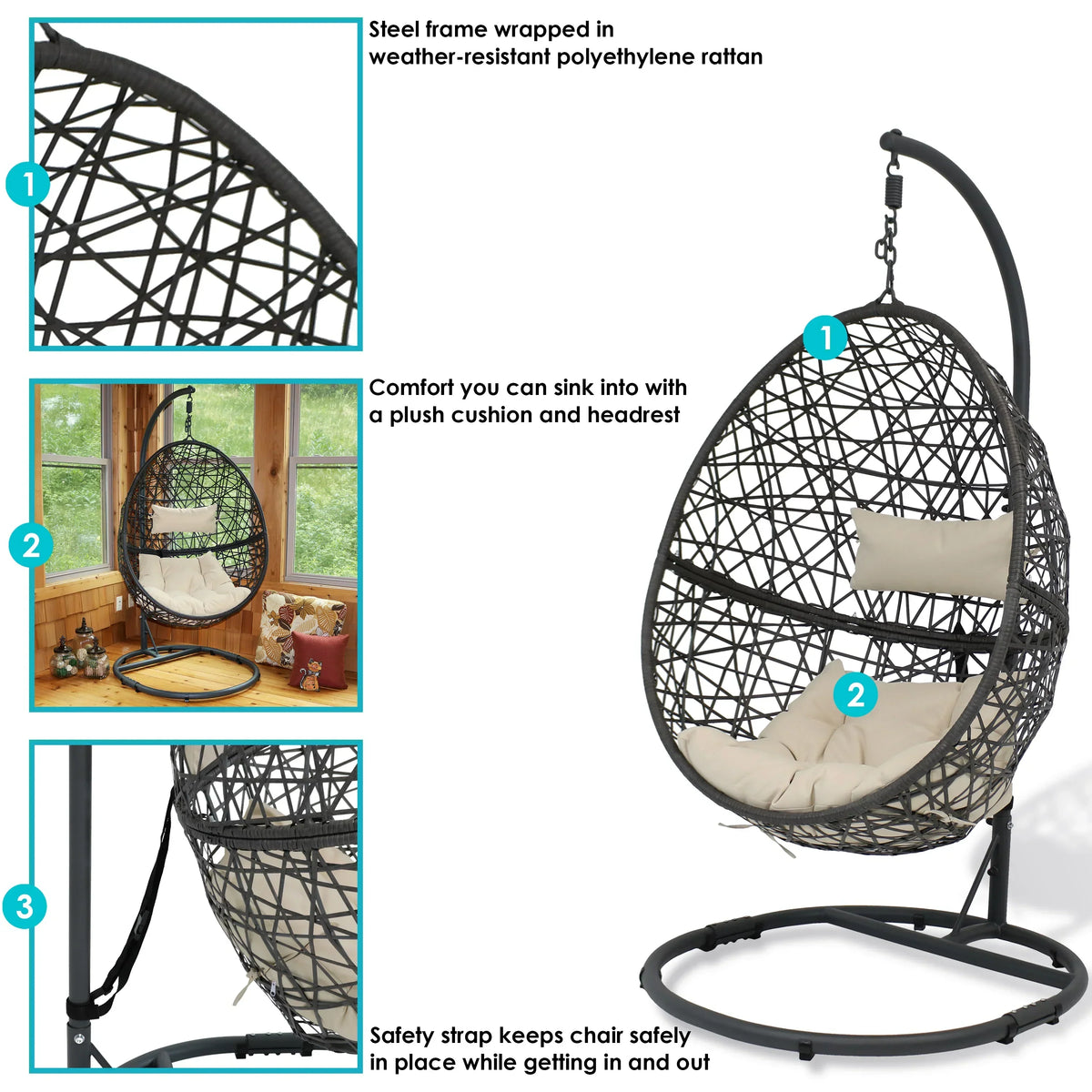 Silla Colgante en Forma de Huevo Sunnydaze Caroline 2025 con Estructura de Acero y Cojín