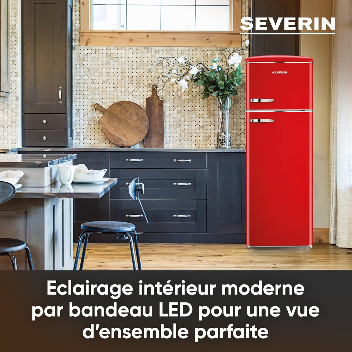 SEVERIN Frigorífico con congelador de 2 puertas, de libre instalación, Frigorífico de doble puerta con congelador, 55 cm de ancho, 246 L, Clase D, Estilo retro, Rojo, RKG 8983