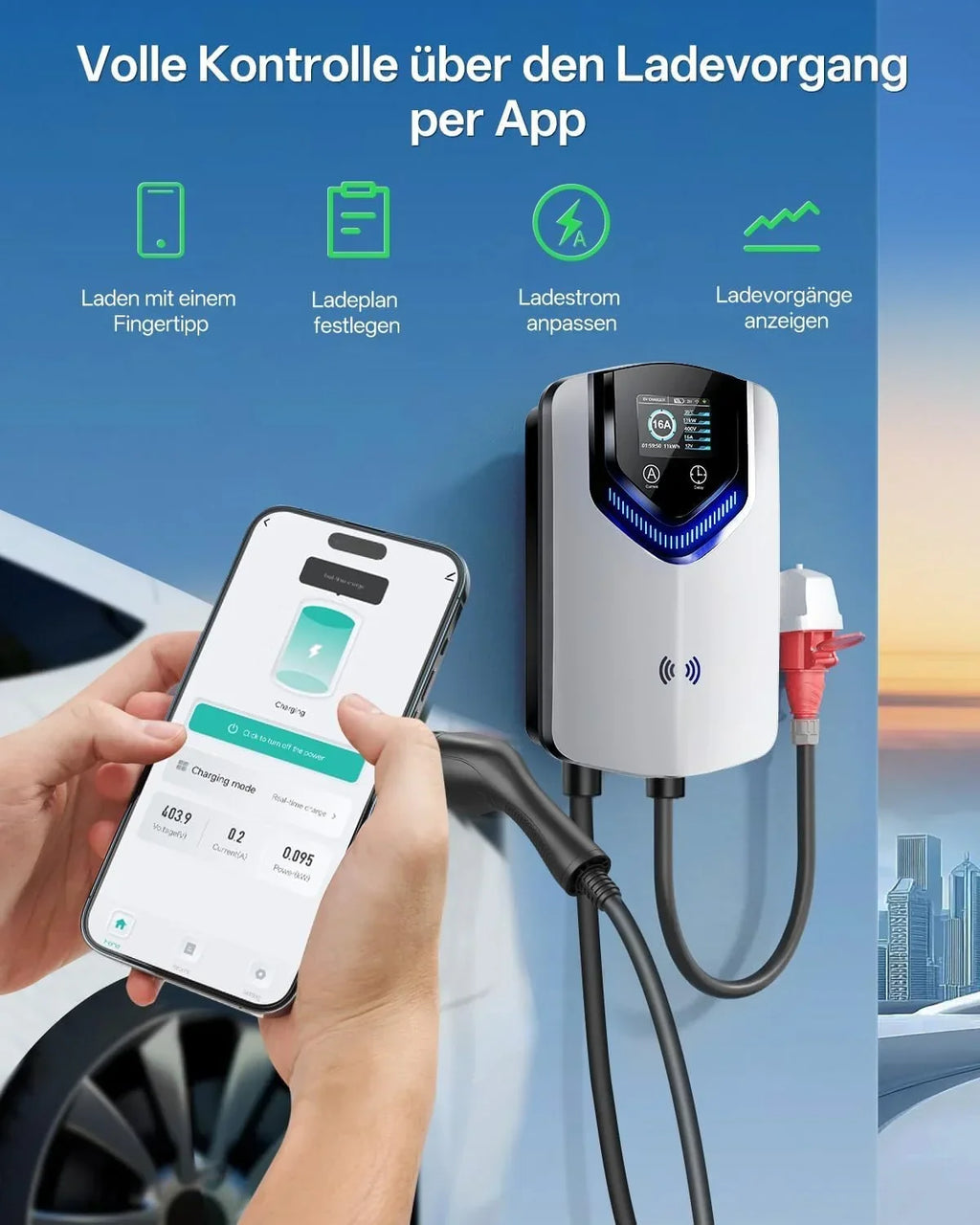 Cargador Wallbox para carga mediante APP, RFID, 11 kW, 400 V, 6-16 A, tipo 2, estación de carga para VE, cable de 8 m con soporte para cable