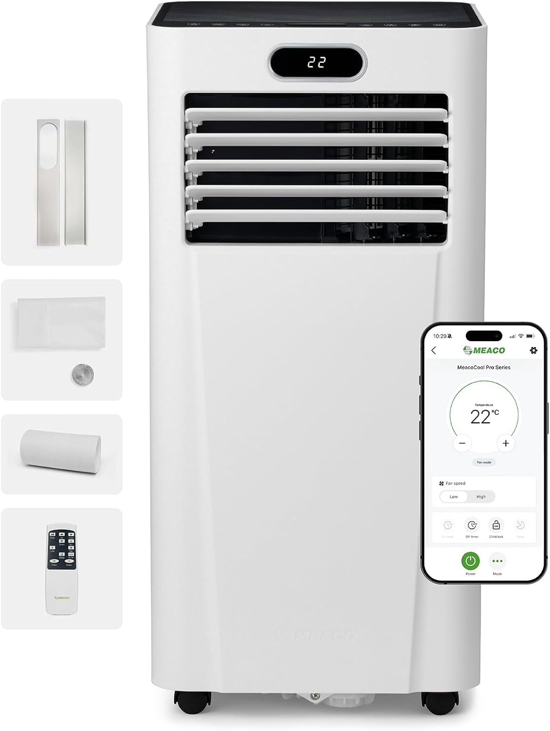 Aire acondicionado portátil MeacoCool MC Series Pro 10000 BTU con control por aplicación, mando a distancia, clase energética A, silencioso (53 dB), refrigeración 4 en 1, 18–28 m², modo sueño, 2 kits de ventana
