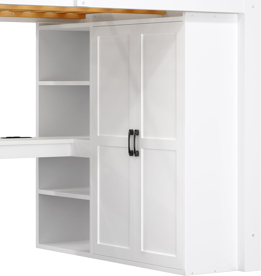 Cama alta de 140x200 con escritorio y estantería, armario, escalera con almacenaje, USB y luces LED, blanco