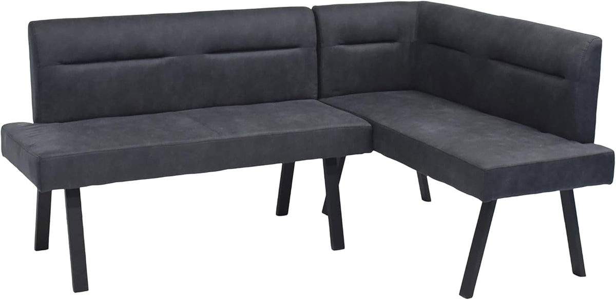 Banqueta esquinera byLIVING Montreal, lado largo a la izquierda, tapizado en antracita, estructura en negro, costura decorativa en el respaldo, núcleo de muelles ensacados, banco de comedor, banco de cocina, medidas: 181 x 128, al. 87, prof. 56 cm