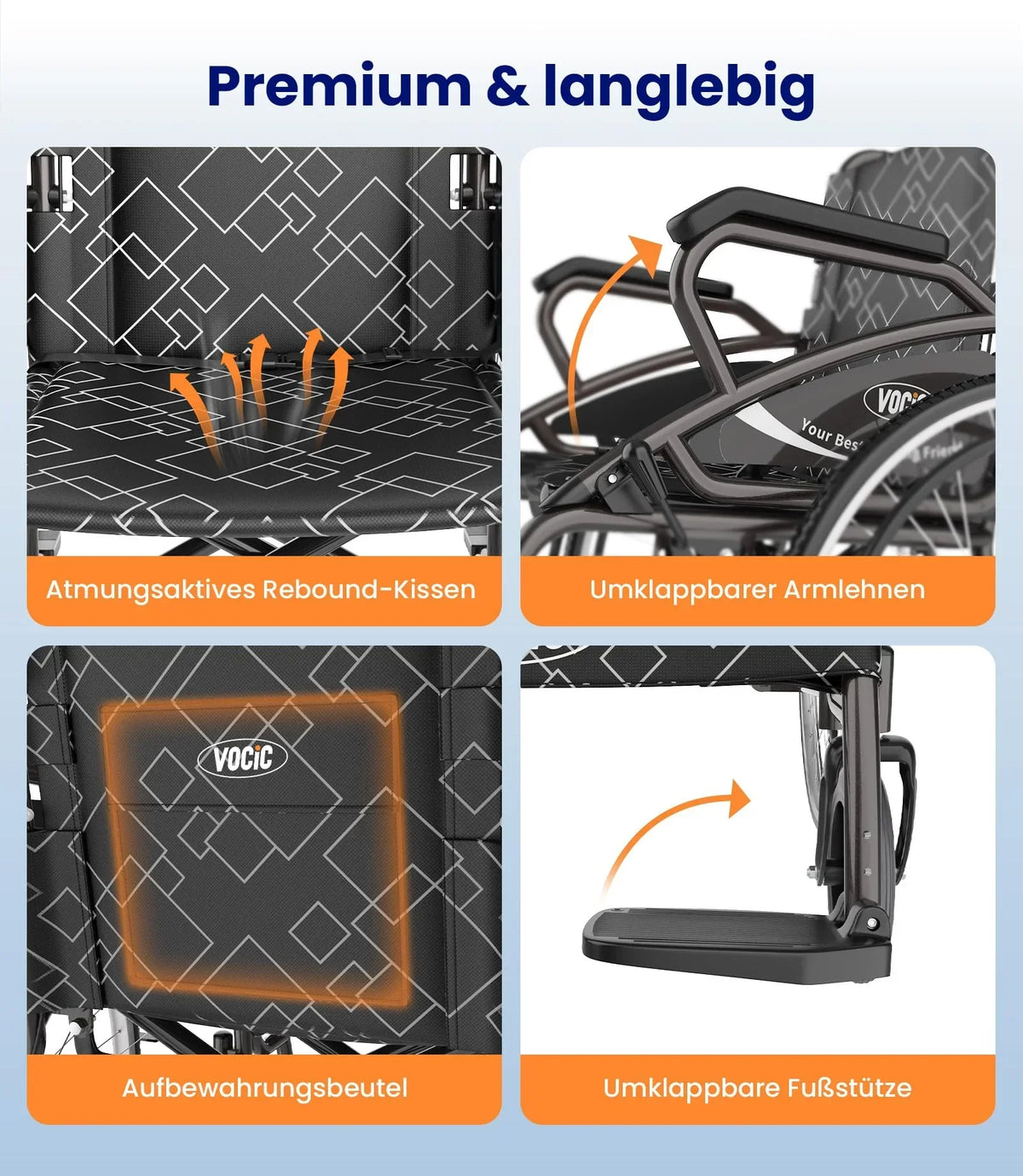 Silla de ruedas plegable y ligera VOCIC U31 autopropulsada, 150 kg, ruedas de 60 cm, asiento de 46 cm, doble freno, 17,5 kg, para exteriores y personas mayores