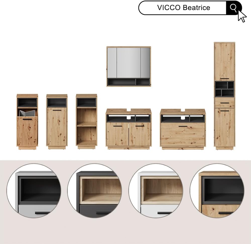 Conjunto de muebles de baño Vicco Beatrice, blanco/sonoma, 80 cm, compuesto por mueble bajo lavabo, armario con espejo y armario columna