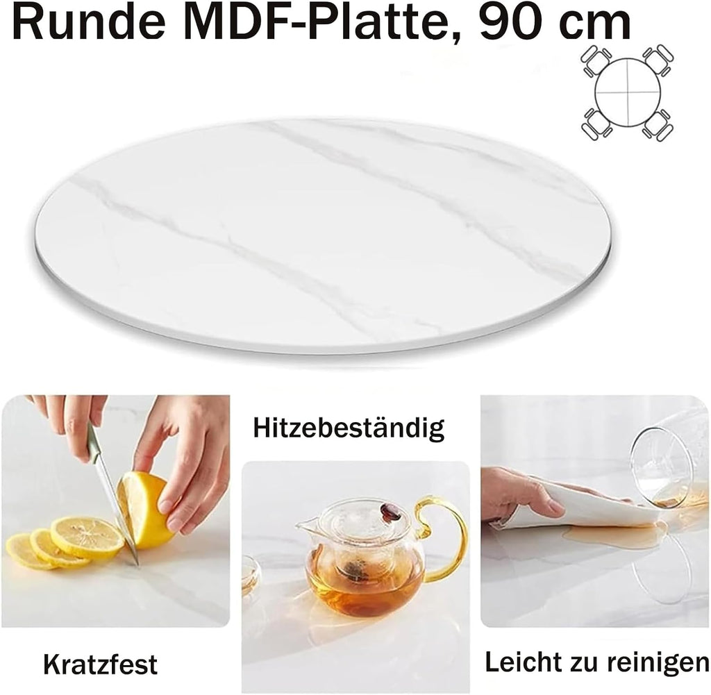 Juego de mesa de comedor y 4 sillas, mesa de comedor redonda de 90 cm y 4 sillas de comedor de piel sintética, ahorro de espacio para cocina, salón, balcón, restaurante, oficina, madera + gris claro, redondo blanco y negro