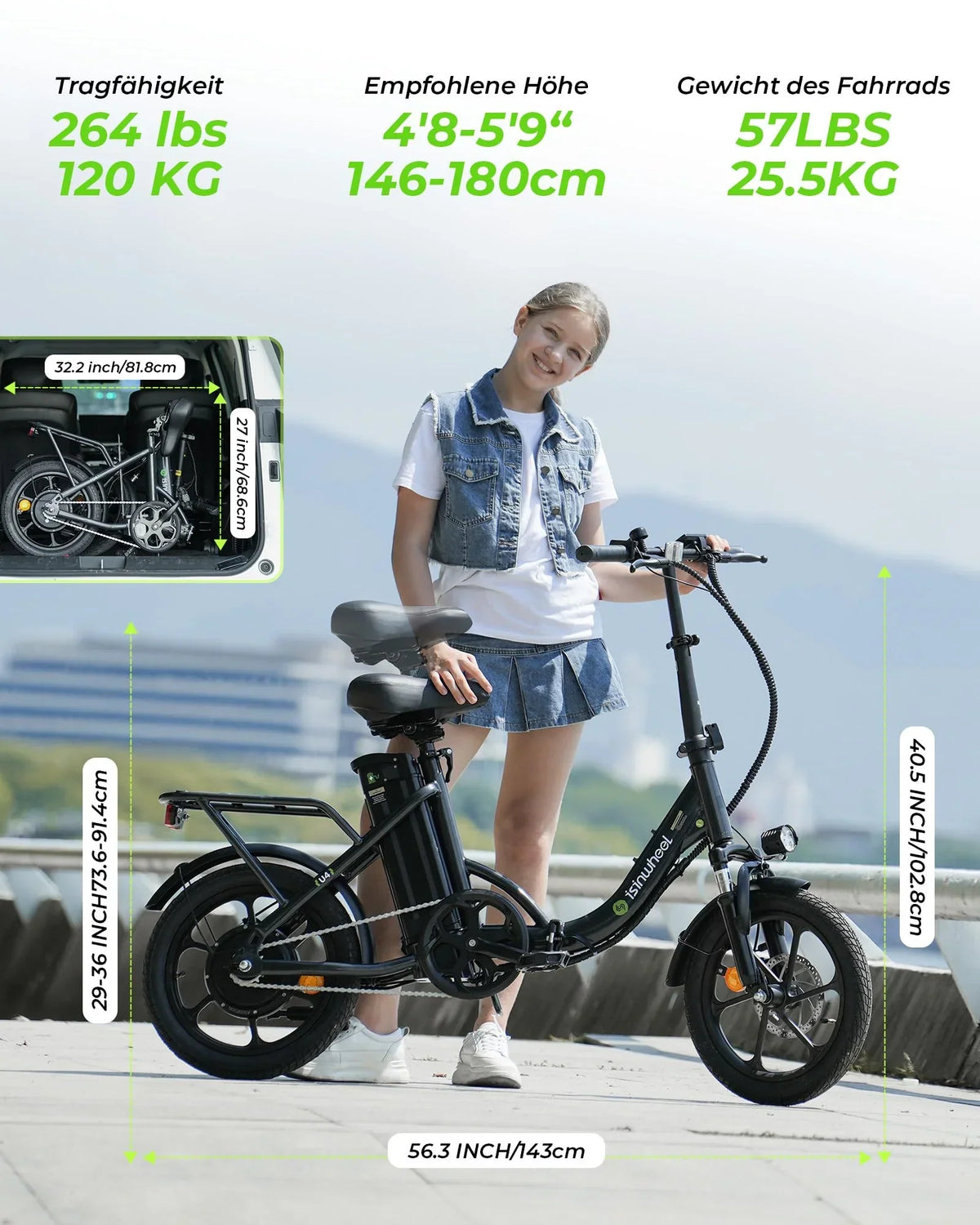 Bicicleta eléctrica plegable U4 de 16 pulgadas en color negro con motor de 250 W, batería de 36 V y 10,4 Ah, 5 velocidades, frenos de disco y portaequipajes