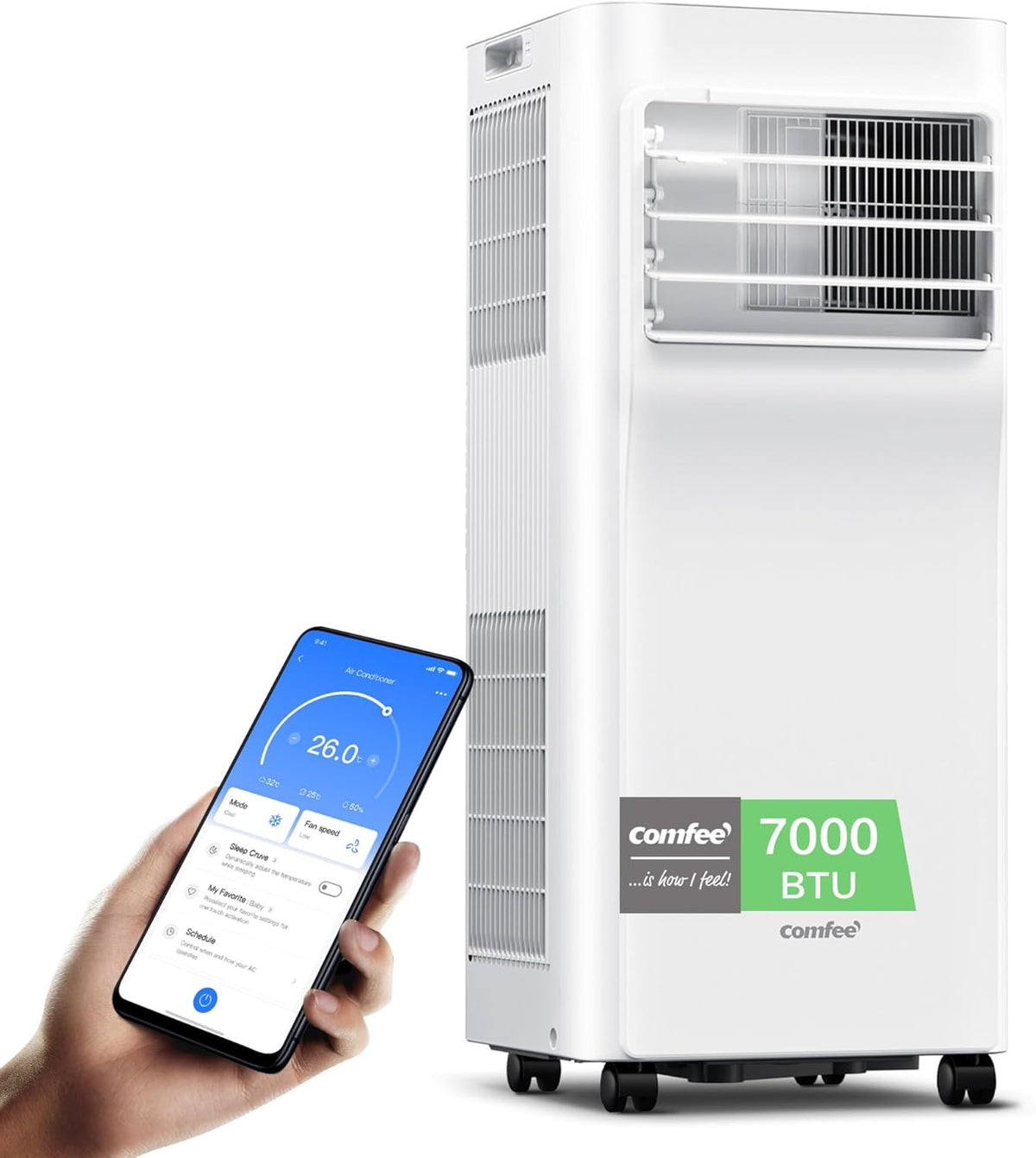 Acondicionador de aire portátil Comfee Breezy Cool Pro 2.0, 7000 BTU 2,0 kW, refrigeración, ventilación y deshumidificación, control por aplicación, para habitaciones de hasta 68 m³ (25 m²), aire acondicionado portátil con manguera de escape.