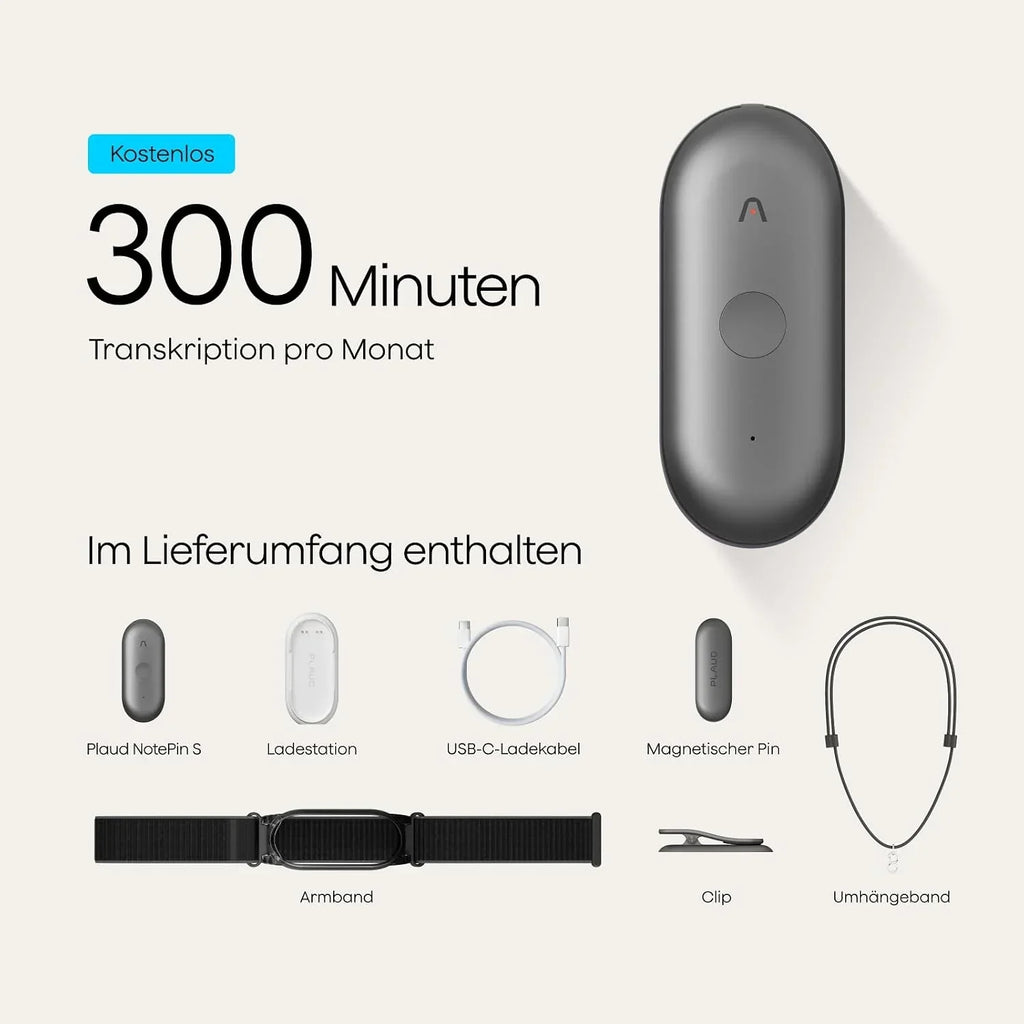 Grabadora de voz con IA NotePin S, grabadora de voz con transcripción y resumen, 64 GB de memoria, dispositivo de grabación con 4 accesorios