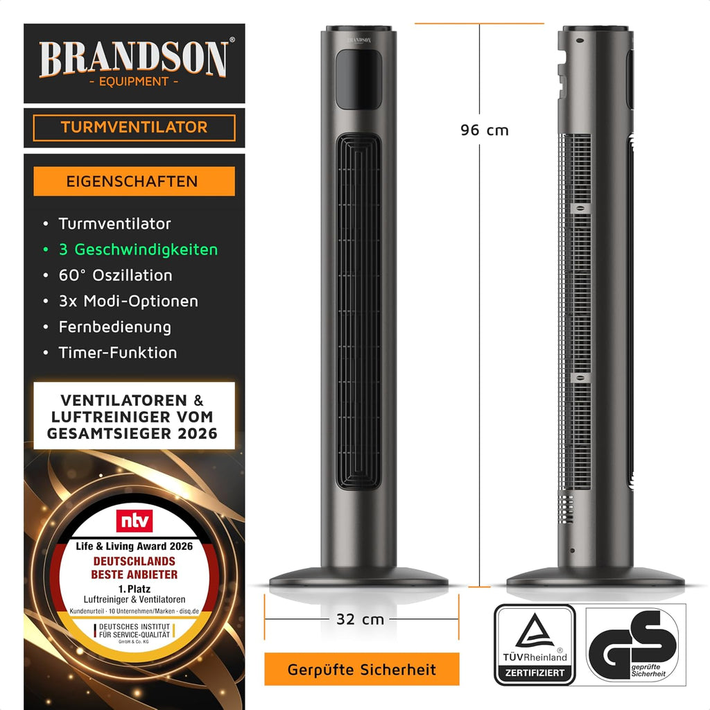 Brandson - Ventilador de torre con mando a distancia - Galardonado 2026 - Oscilación 60° - Ventilador de pie - ventilador portátil - ventilador de columna - 96 cm - Ventilador 3 niveles de velocidad - GS - Grafito