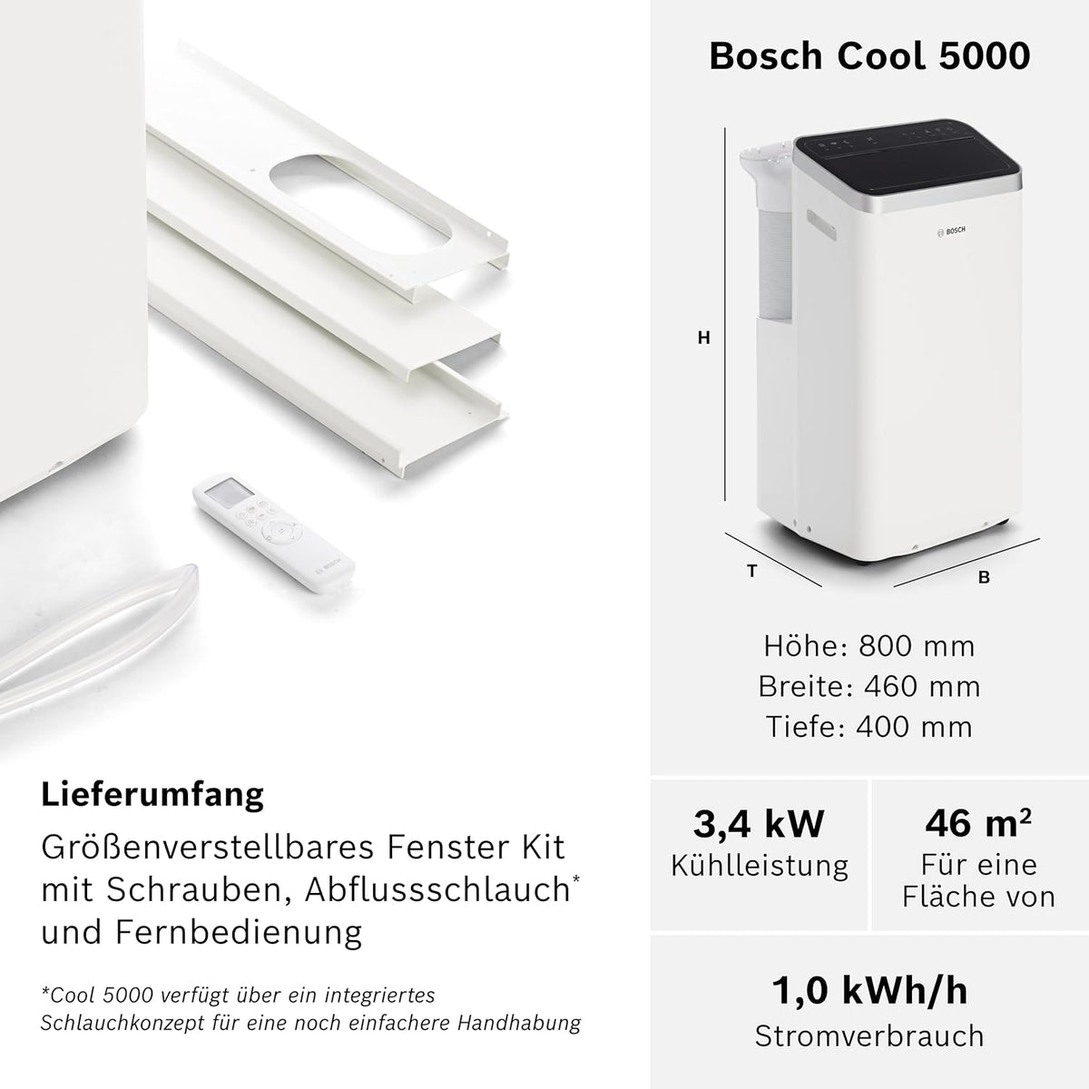 Acondicionador de aire móvil Bosch Cool 4000 - 3 en 1: aire acondicionado, deshumidificador, ventilador - 2,6 kW para habitaciones de hasta 35 m² - Con modo automático, modo silencioso y modo de suspensión